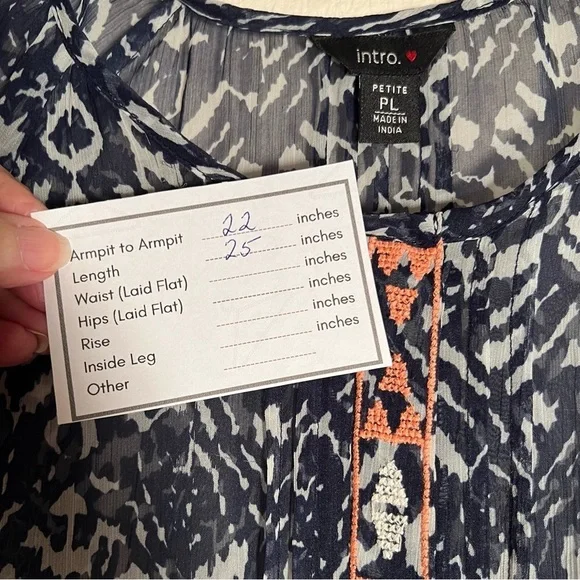 Intro Navy Blue White Embroidered Ribbon Sleeve Blouse - Picture 7 of 7